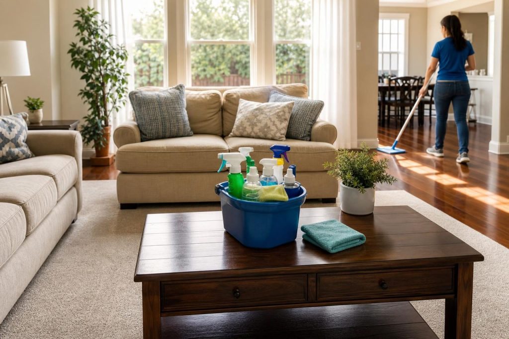 Bright living room in Bellaire home after professional house cleaning service with sunlight on clean floors