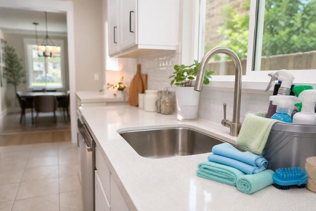 Sparkling clean kitchen after a deep cleaning day in Houston home with supplies on counter